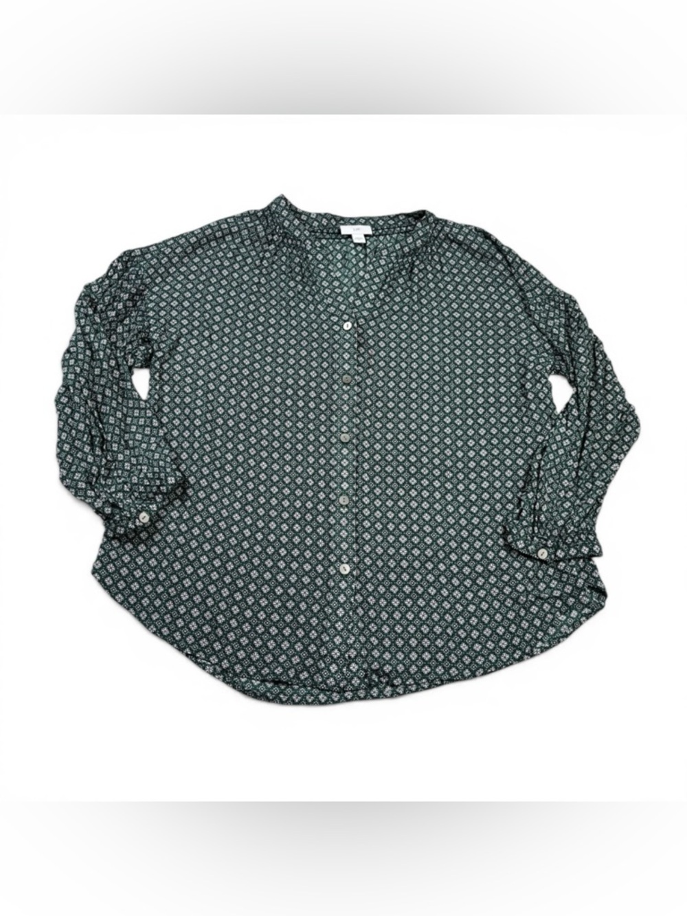 J.Jill V-Neck Button Down Up Shirt Diamond Print Relaxed Fit Long Sleeve Top M